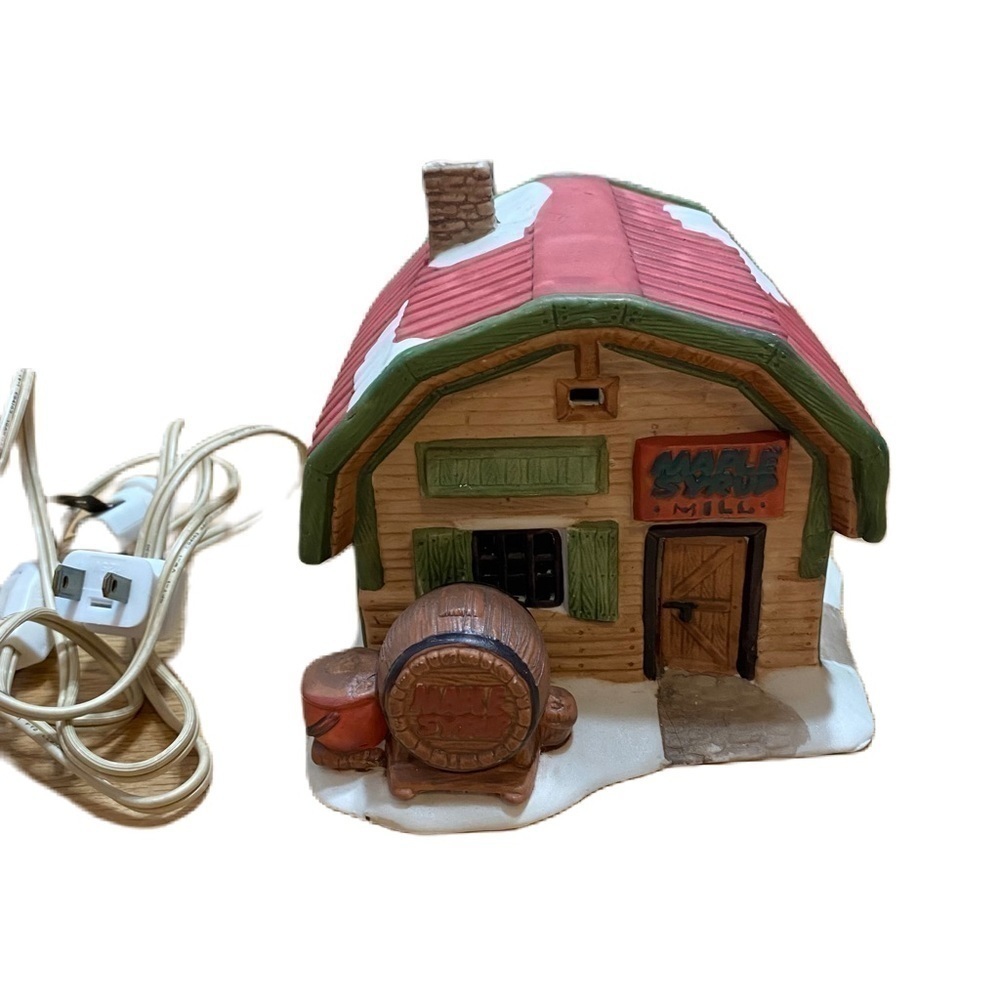 American Village Scene Porcelain Lighted House Maple Syrup Mill Vintage